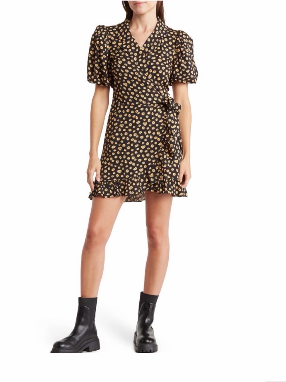 WeWoreWhat Black Mini Wrap Dress with Floral Print and Puff Sleeves